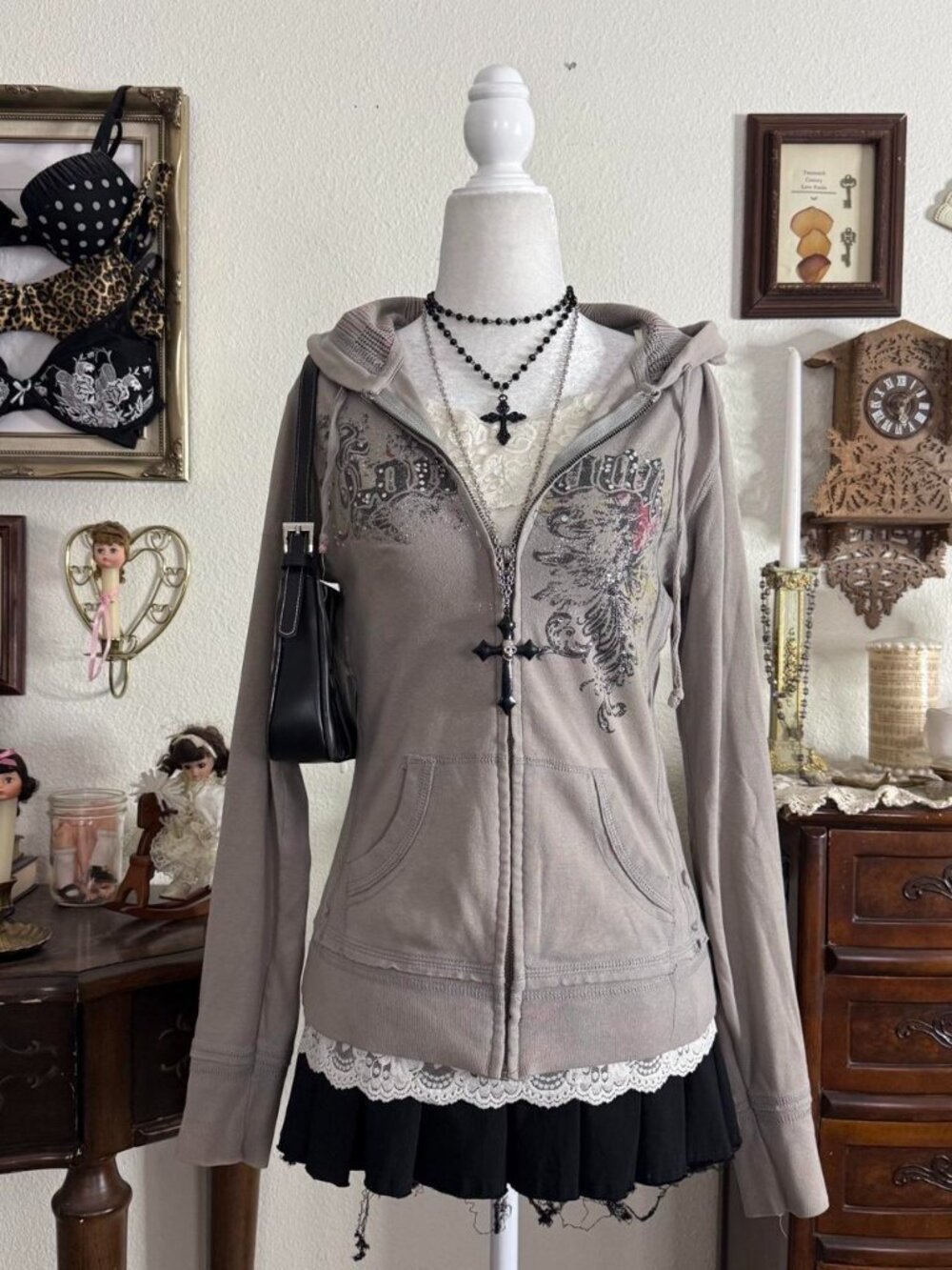 Y2k alt grunge mcbling graphic rhinestone zip up jacket